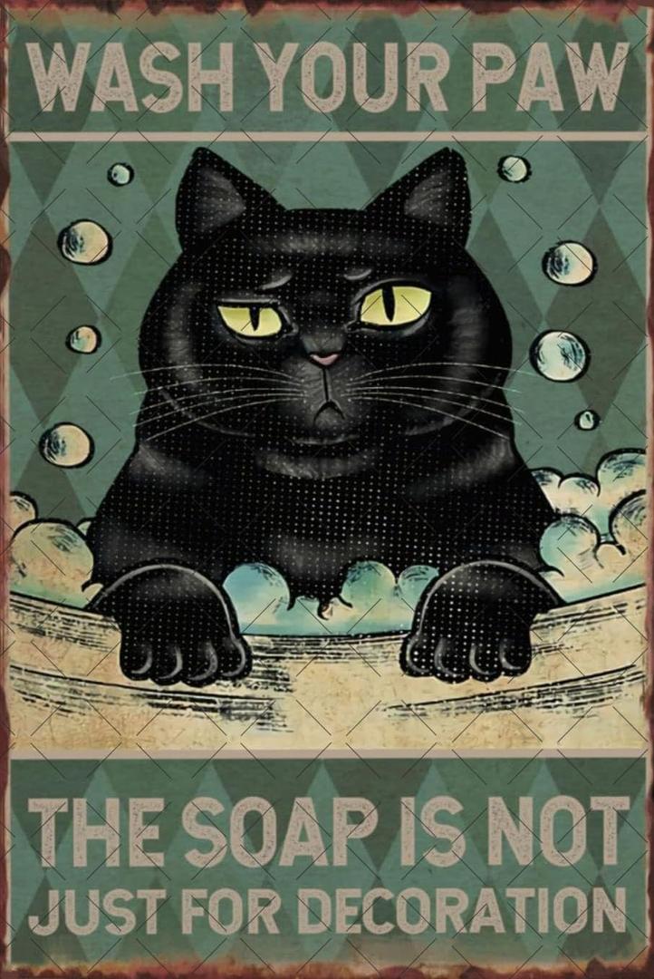 Bathroom Metal Signs Wash Your Paw Vintage Black Cat Wall Decor for Toilet Home Room Funny Retro Tin Plaque 12x8 Inch
