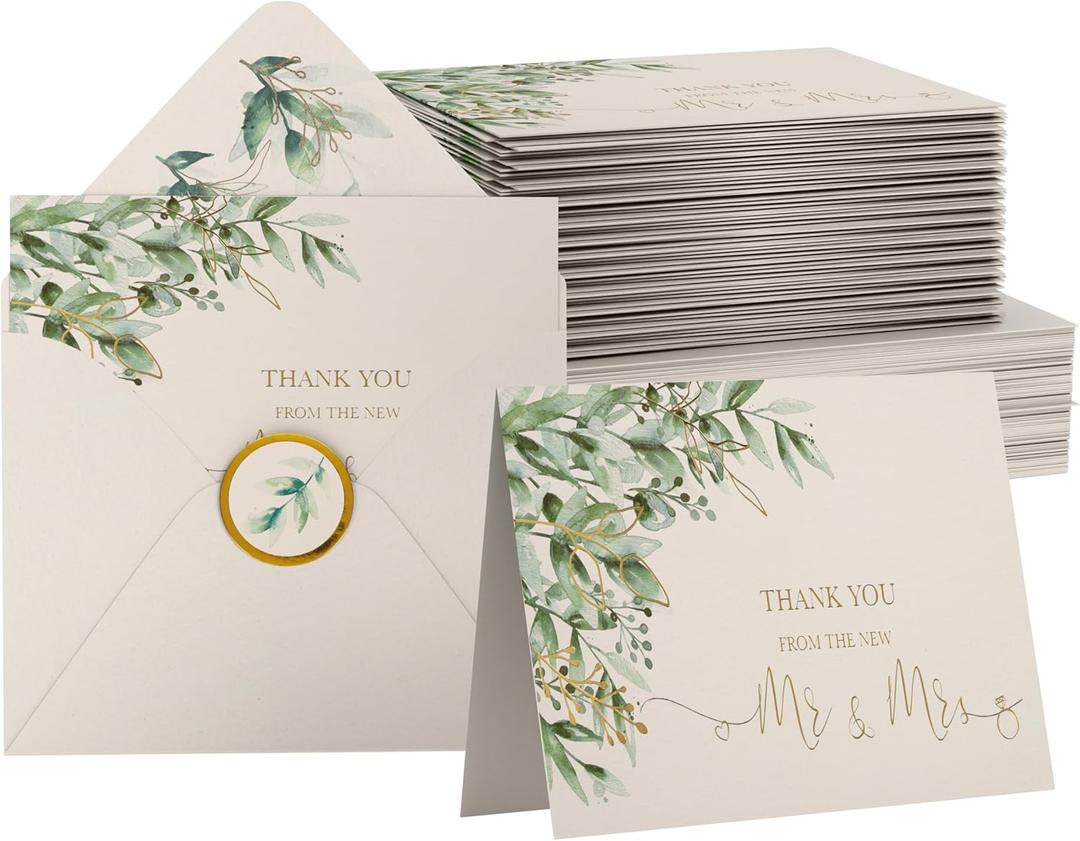 VNS Creations 100 Thick & Sturdy Blank Wedding Thank You Cards With Envelopes. 4x6 Inches Wedding Thank You Notes. Includes High Quality Stickers To Seal New Mr. & Mrs. Thank You Wedding Cards (Greenery & Gold)