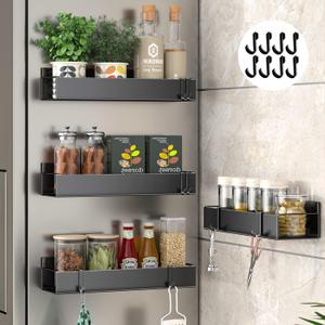Magnetic Spice Rack for Refrigerator, 11.8 Inch Adhesive Wall Mount Spice Rack, Strong Magnetic Shelf for Refrigerator, Space Saving Kitchen Organizer with 8 Removable Hooks (Black, Pack of 4)