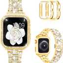 Mosonio Compatible with Apple Watch Band 42mm with Case Women, Bling Metal Wristband Strap with 2 Pack Bling PC Protective Cover for iWatch Series 3/ 2/ 1(42mm, Gold)