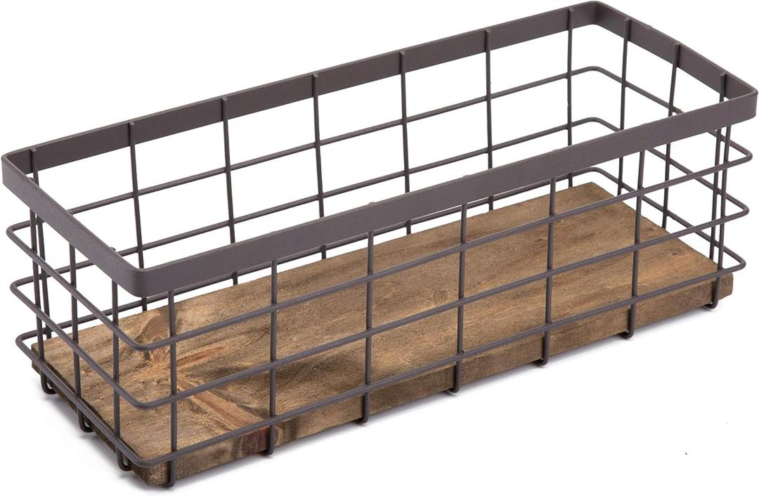 TIEYIPIN Small Metal Wire Storage Basket, Detachable Wood Base Storage Organizer Bin Basket for Kitchen Cabinets, Bathroom, Pantry, Garage, Laundry Room - Brown (1 Pack)