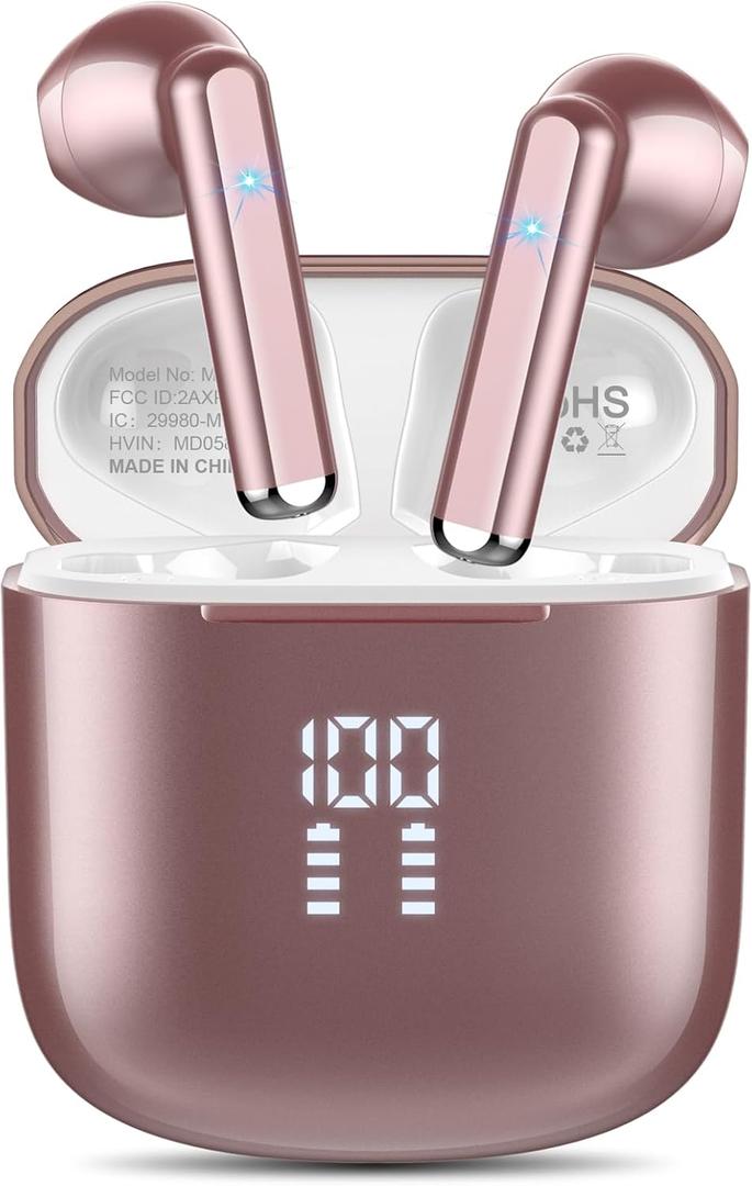 Wireless Earbuds, Bluetooth 5.3 Headphones with 4-Mics Clear Call and ENC Noise Cancelling, Bluetooth Earbuds Touch Control Stereo Sound with LED Display, Waterproof Running Headphones (Rose Gold)