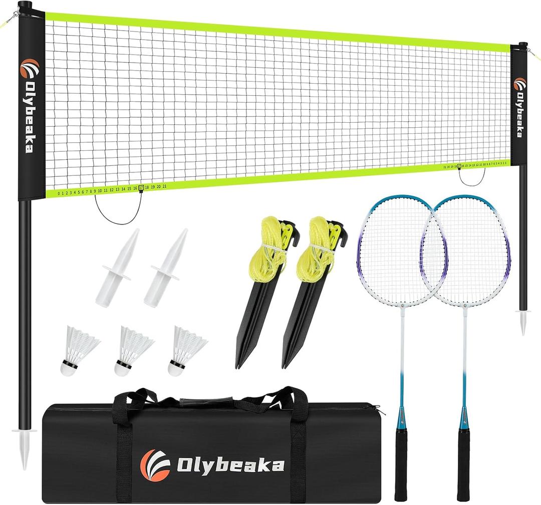 12ft Badminton Net Set for Backyard Beach with Durable Anti-Sagging Net, Heavy Duty Poles, 2 Aluminum Badminton Rackets, 3 Shuttlecocks, Carry Bag - Easy Setup & High Stable