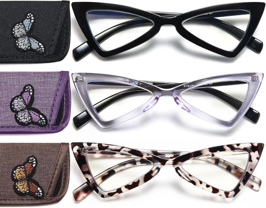 EYEURL 3-Pack Cat Eye Reading Glasses for Women Oversize Blue Light Blocking Computer Glasses Spring Hinge Anti Eyestrain/Computer Glare/UV Readers for Women,2.0