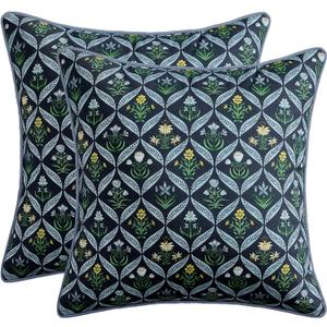 MIULEE Floral Throw Pillow Covers 18x18 Set of 2 Dark Blue Spring Decorative Block Print Cotton Cushion Covers for Couch Living Room, Boho Modern Outdoor Sofa Vintage Garden Pillowcases Home Decor