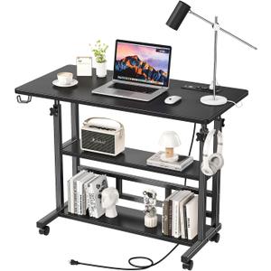 BYMECOST Adjustable Height Standing Desk with Power Outlets, Rolling Stand Up Desk with Storage Shelves, 31.5" Small Mobile Computer Desk, Portable Laptop Table (Black)
