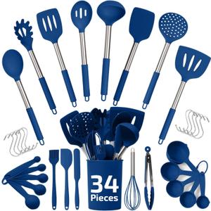 450F Heat Resistant Silicone Kitchen Utensils Set - 34 Pieces Blue Cooking Utensils-Set for Nonstick Cookware - Silicone Spatulas Set, Stainless Steel Handle & Other Kitchen accessories