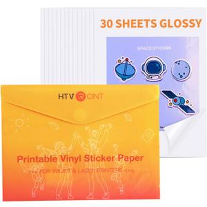 HTVRONT Printable Vinyl Sticker Paper - 30 Sheets Glossy Waterproof Sticker Paper for Inkjet Printer & Laser Printer, Dries Quickly & Tear Resistant 8.5"x11"