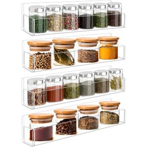 Acrylic Spice Rack Wall Mount-12 Inch, Clear Spice Shelf Storage Holder, 4 Pack Hanging Seasoning Rack Organizer for Cabinet Door, Cupboard or Wall Kitchen (Adhesive or Screw)