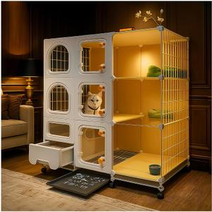 Cat Cage Indoor with Litter Box, Complimentary Bed, Bowl, Cleaning Three Piece Set, Large Cat Enclosure, Cat House with Wheels Outdoor, Small Animal Cage Cat Kennel, White, 41.8(L) x 18.1(W) x 46.1(H)
