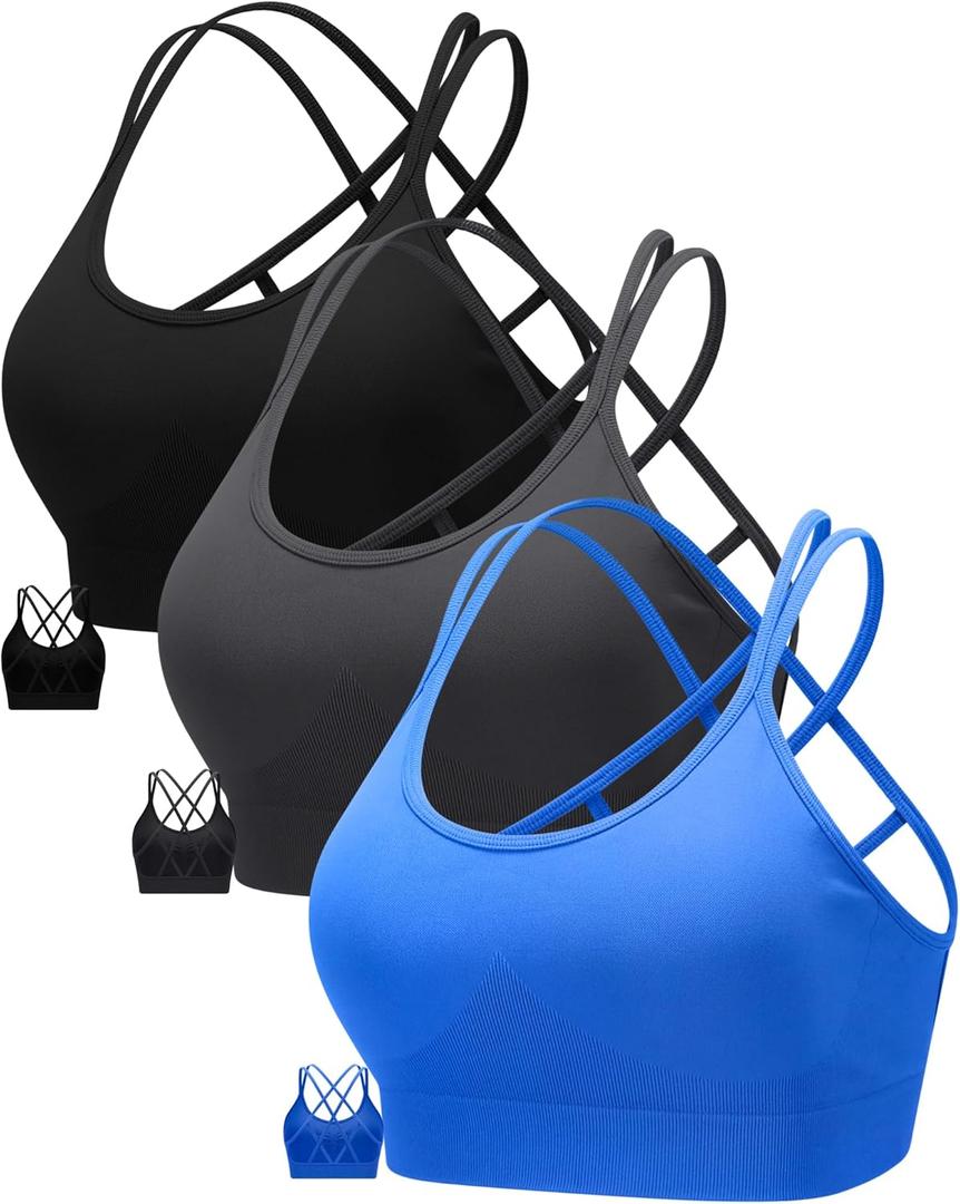 RUNNING GIRL Sports Bras for Women Pack Criss Cross Back Sexy Strappy Sports Bra Seamless Padded Yoga Bra with Removable Cups (Medium, 3Pack Black/Grey/Blue)