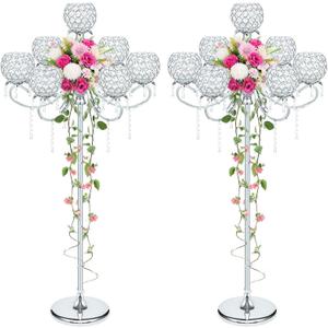 50" Metal Crystal Tealight Candlestick Candle Holder with Pendants - Multi-Height Floor/Table Centerpiece for Home Decor, Wedding & Party Events - Elegant Crystal Bowl Design (Silver-2pcs, 7-Arm)