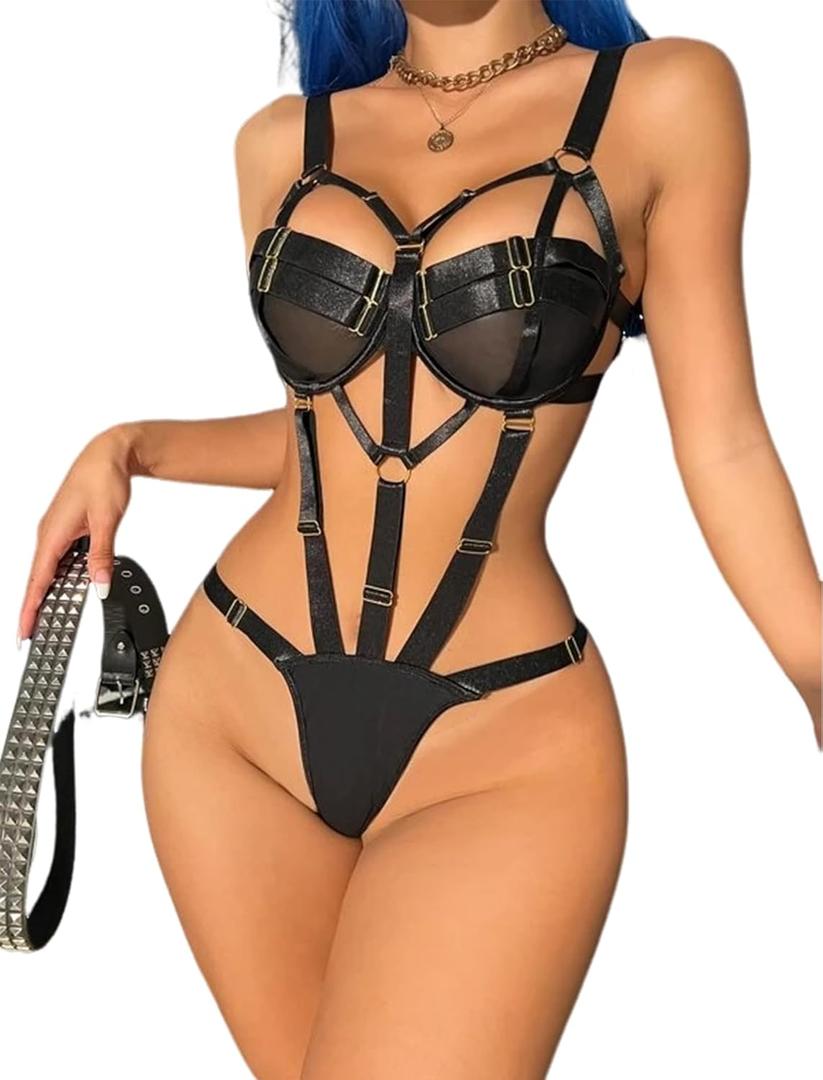 Avidlove Womens Lingerie with Push Up Bra Support Bondaged Underwired Teddy Lingerie One Piece Babydoll (Small, Black)