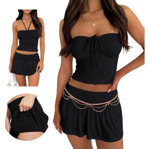Hafailia Summer Two Piece Outfits for Women Y2K Going Out Tie Ruched Tube Crop Tops Low Rise Pleated Mini Skort Skirt Sets (X-Small, Black)