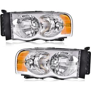 PIT66 Headlight Assembly Compatible with 2002-2005 Dodge Ram 1500/03-05 Dodge Ram 2500 3500 Halogen Headlamp Pair Replacement Part Clear lens Chrome Housing Amber Reflector