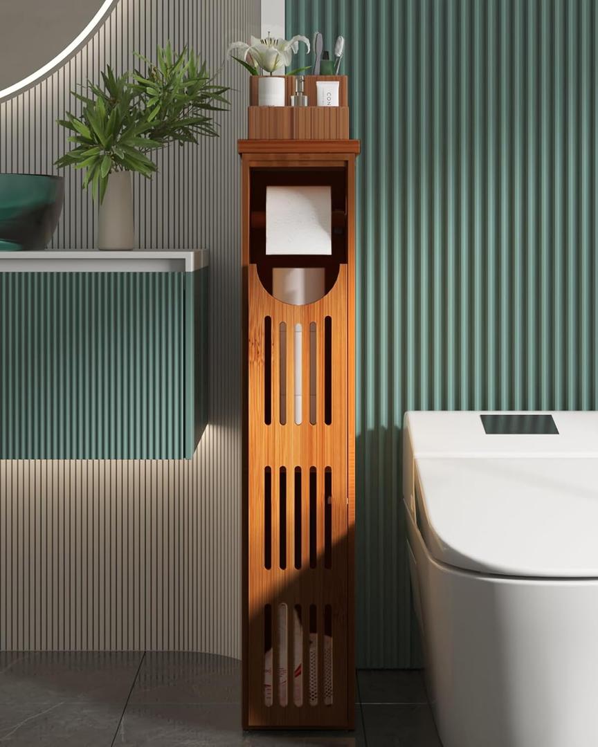 AmazerBath Bamboo Toilet Paper Holder with Storage, Bathroom Toilet Paper Storage Cabinet, Small Bathroom Storage Cabinet for Small Spaces, Slim Bathroom Storage Cabinet, 33x7.3x6.5 Inches, Brown