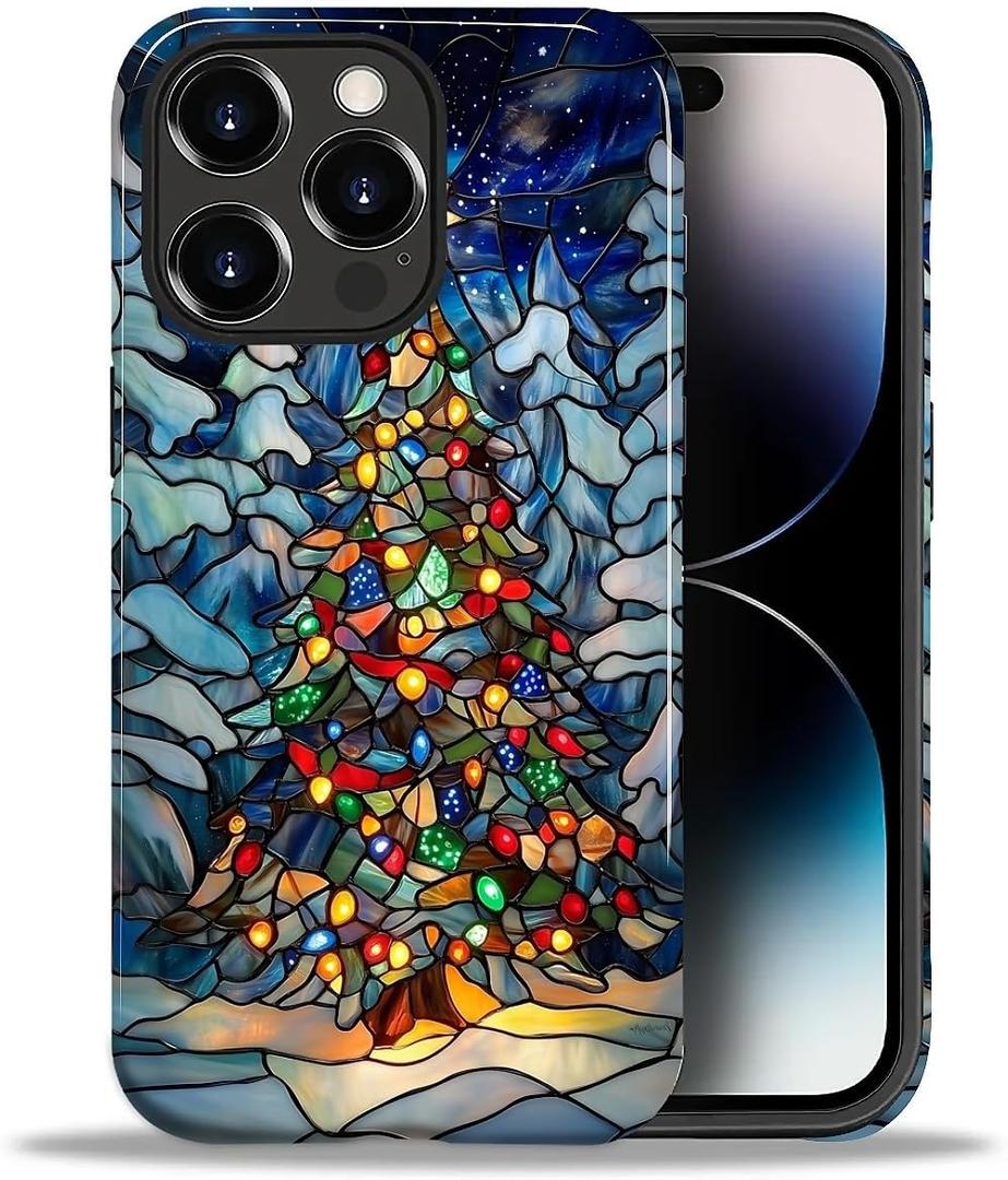 Case for iPhone 14 Pro Max,Hybrid Dual Protection Soft TPU + Hard PC Shockproof Cover, Anti-Scratch & Slim Protective Men Women Case for iPhone 14 Pro Max Christmas Tree Stained Glass Design