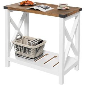Hadulcet Farmhouse Side Table with Storage Shelf, Narrow Bedside Table for Small Space, Slim End Table, Rustic X-Design Nightstand for Living Room, Bedroom, White & Brown