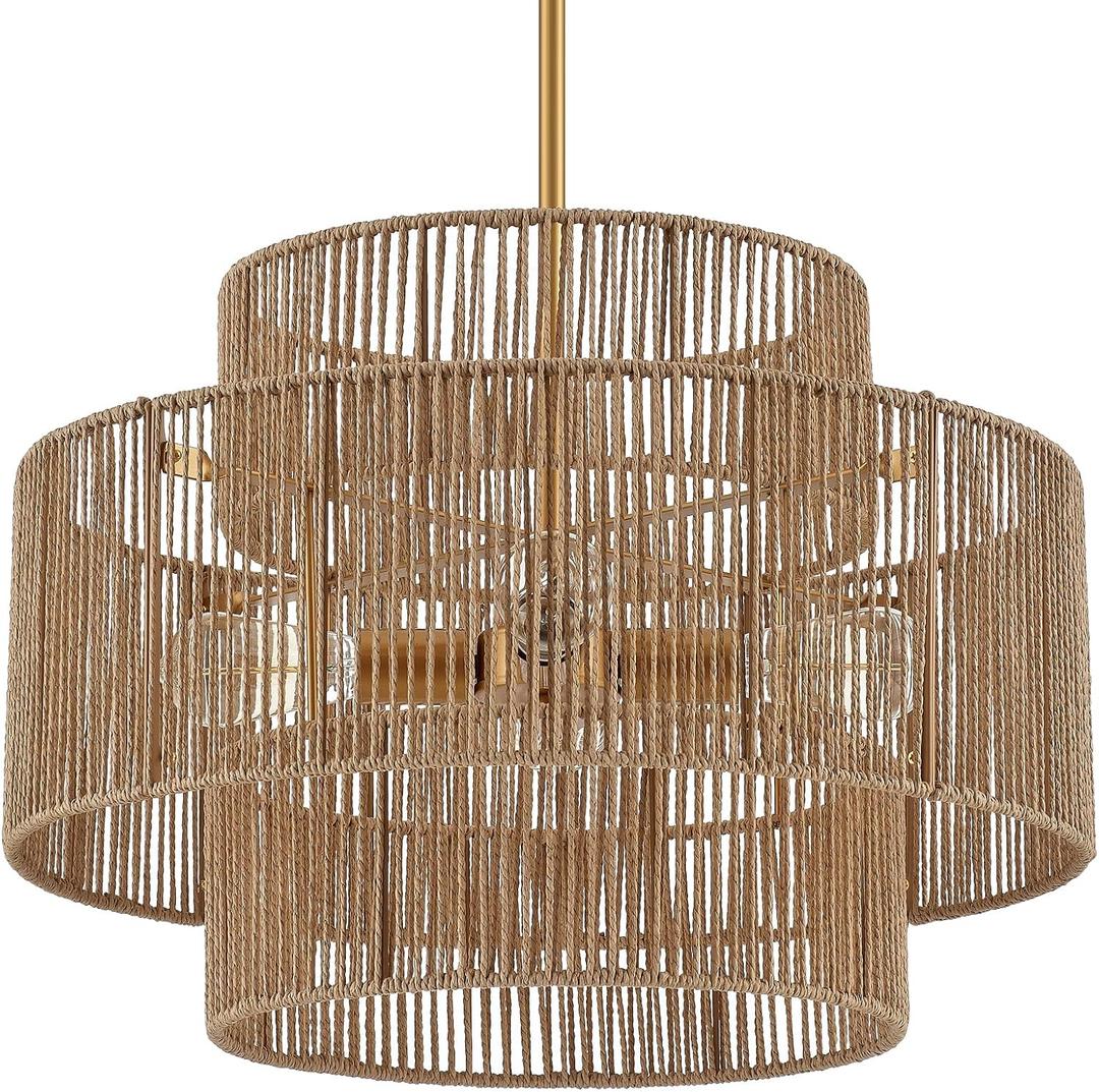 24 Boho Hand Woven Rattan Chandelier 3 Round Adjustable 4-Light Large Pendant Light for Kitchen Island Dining Room Living Room Hallway, Brass, UL Listed