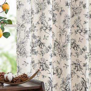 jinchan Linen Floral Curtains for Living Room 84 Inch Length Black Printed Flower Light Filtering French Country Farmhouse Cottage Core Toile Curtains Back Tab Window Drapes Set 2 Panels