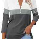 TICTICMISS Womens 3/4 Sleeve Tops Zipper Color Block Tunic Tops Casual Summer Shirts Trendy Tops, L
