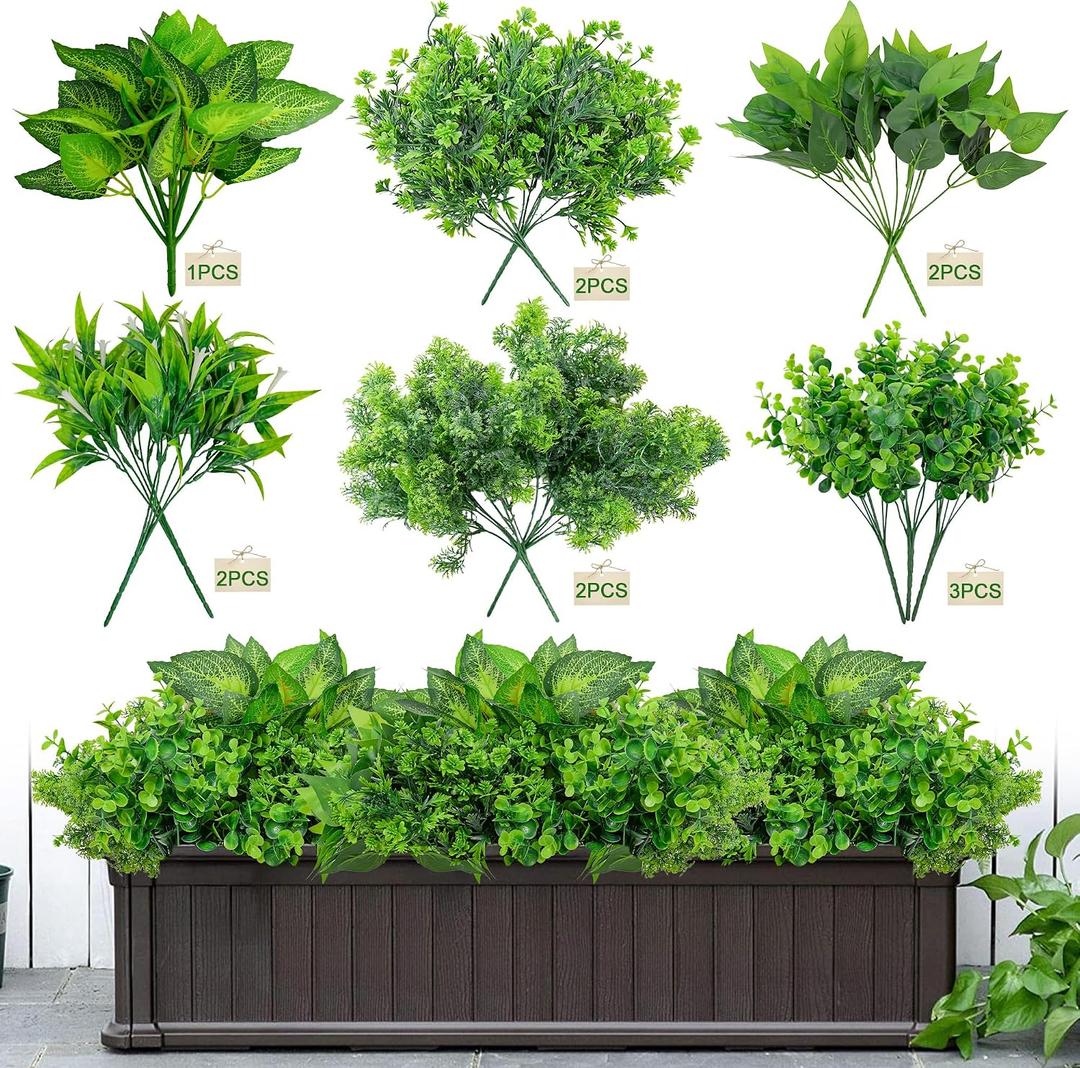 Fake Outdoor Plants, Faux Leaves Artificial Greenery Outdoor Artificial Plants uv Resistant 12 Bunches Fake Plant for Front Porch Outdoors Patio Hanging planters Garden Window Box Decor