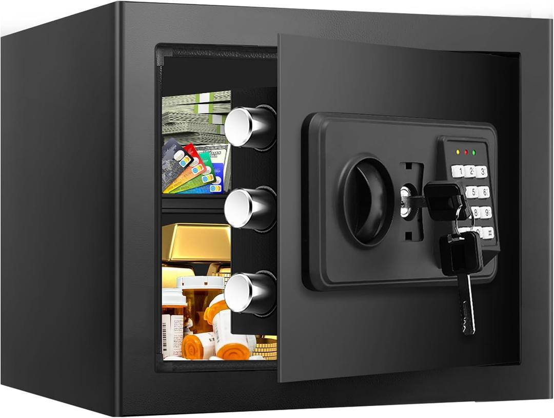 1.2 Cuft Small Home Safes Fireproof Waterproof, Anti-theft Fireproof Safe Box with Digital Keypad, Spare Keys and Removable Shelf, Security Safe for Home Money Medicine Valuables, black