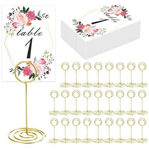 26 PCS Table Number Holder - Table Card Holder Stand Wire Photo Holder with 26 Pcs Floral Table Number Cards, Place Card Holder Stand for Weddings Party Office Paper Memo Menu Note Clips