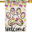Welcome Dog Paw Tulips Spring Large House Flag Burlap 28X40 Inch Vertical Double Sided Outside Yard Holiday Outdoor Farmhouse Decoration