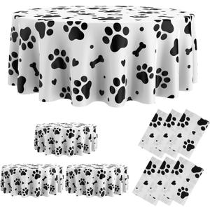 Oudain 3 Pcs Puppy Paw Print Plastic Tablecloth 84 Inch Round Tablecloth Disposable Table Cover Large Cute Puppy Themed Table Cover for Pet Cat Birthday Party Decor (Black and White)