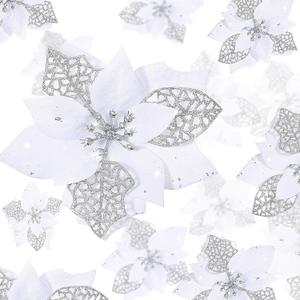 WILLBOND 36 Pieces White Christmas Poinsettia Glitter Faux Flowers Artificial Flowers Tree Ornaments Topper Xmas Decorations