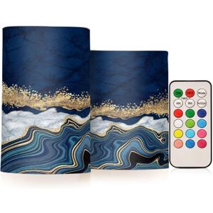 Flickering Flameless Candles, Navy Blue Marble Golden Veins LED Candles with Remote Timer, Set of 2 Battery Operated Candle for Valentine Wedding Birthday (D3" x H5", D3" x H4", D017)