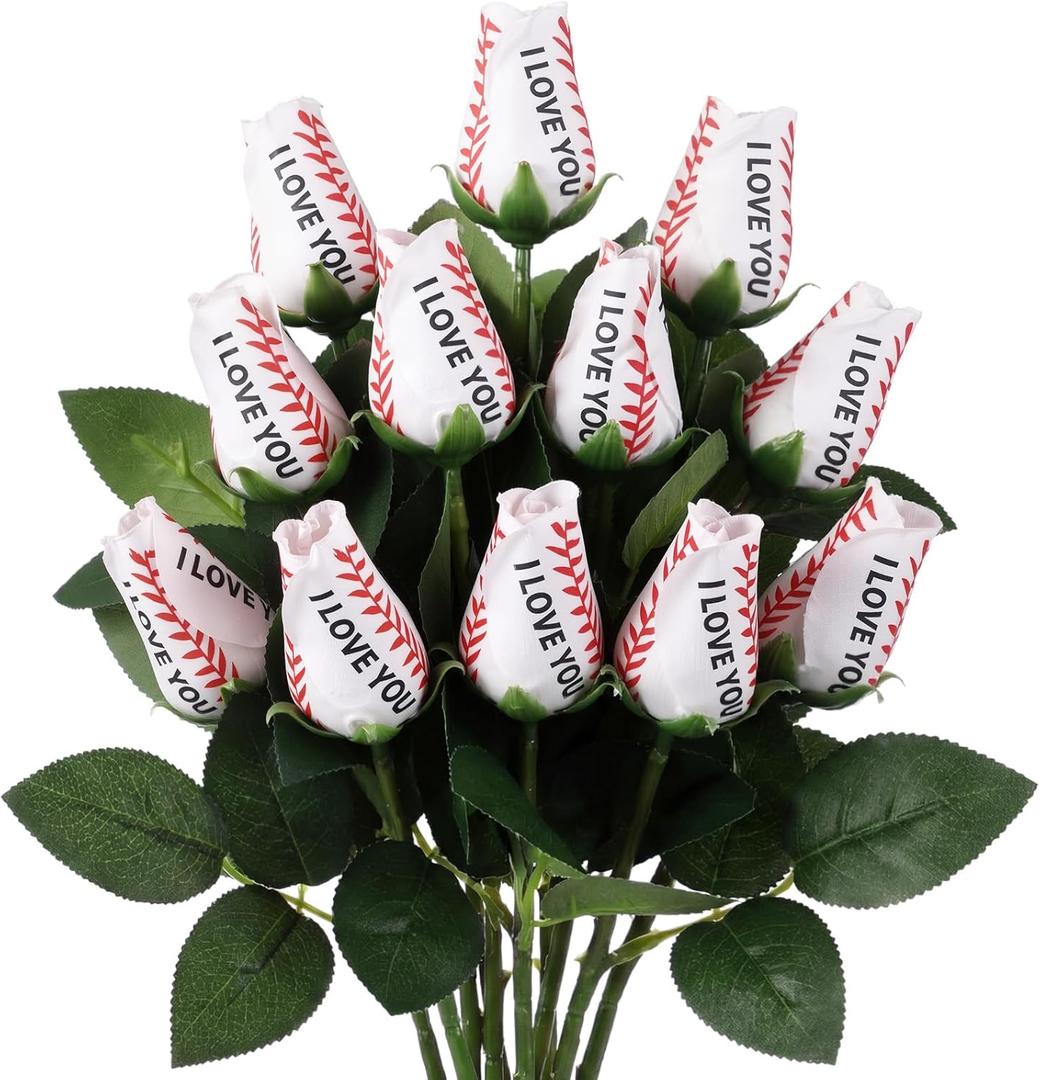 Suhine 12 Pcs Artificial Baseball Rose Flower Gifts for Mom Coach Boyfriend Girlfriend Sports Party Favors Bulk for Birthday Graduation Wedding Party Decorations Table Centerpieces(Love Color, Normal)