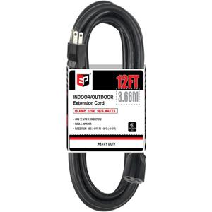 EP 12 Ft Outdoor Extension Cord - 12/3 SJTW Heavy Duty Black Extension Cable with 3 Prong Grounded Plug - Power Cord for Lawn, Garden, Appliances, Black