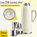 34 oz Insulated Water Bottle, Double Wall Vacuum Stainless Steel Water Flask Jug with Handle & Metal Mechanical Temperature Measuring Cup Lid, Leakproof Travel Bottle Keep Cold 36h Hot 24h