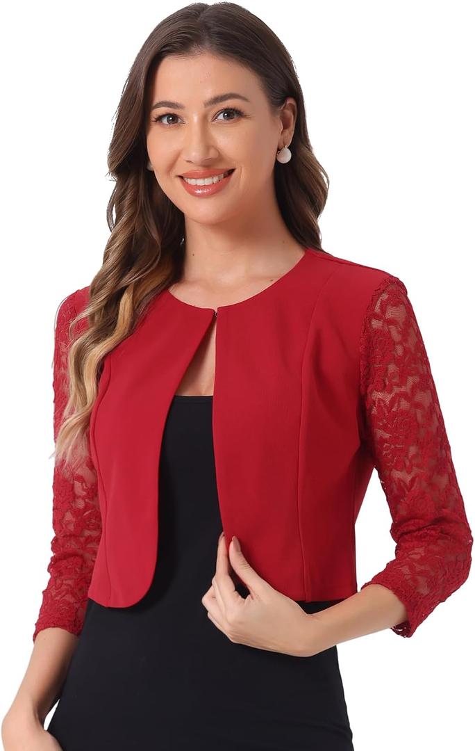 Allegra K Women's Shrug with Lace Sleeve Open Front Formal Jacket for Evening Dresses (Red, L)