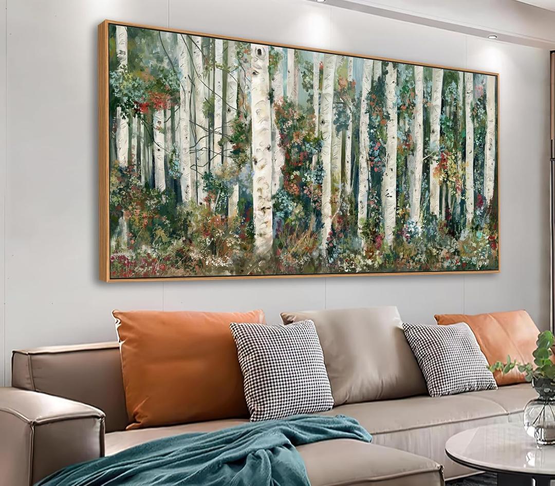 tigeridge Framed Birch Wall Art - Blooming Birch Forest Canvas Pictures Nature Landscape Wall Decor Birchwood Trees Painting Print Artwork Living Room Bedroom Home Office Decor 24" x 48" Natural Frame
