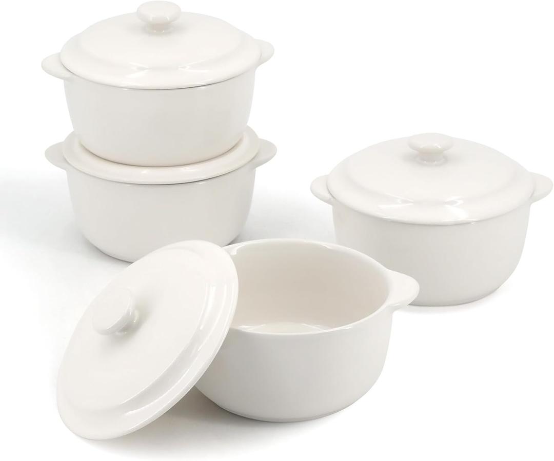 4-Pack Ceramic Mini Cocotte Set, 10 Oz Stoneware Casserole Dishes with Handles & Lids, Oven-Safe Ramekins for Soufflé, Soup, Cobbler & Baking, Individual Serving Bakeware, Off White