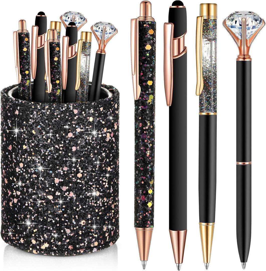 Sabary 8 Pcs Black Pens with Pen Holder for Desk Glitter Crystal Diamond Cute Ballpoint Fancy Pencil Holder Bling Desk Organizer for Women Girls School Office Supplies Wedding Graduation Gifts