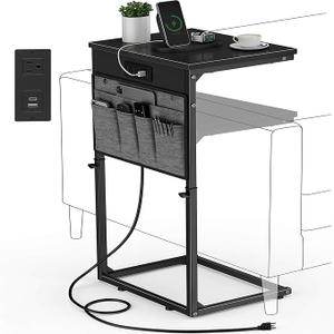 C Shaped End Table with Charging Station, Side Table for Living Room Bedroom, Slide Under Couch Sofa TV Trays Desk, Small Narrow Space Applicable, Black