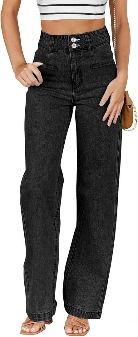 Sidefeel Women's Jeans High Waisted Straight Leg Stretchy Jeans Trendy Welt Pockets Loose Wide Leg Zimbaplatinum Denim Pants (10, Black)