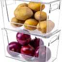 2 Pack Large Stackable Storage Bins, Plastic Container Organizer with Open Front, Pantry Organizers and Storage for Potato, Onion, Fruit and Vegetable, Clear Kitchen Laundry Organizer with Lid