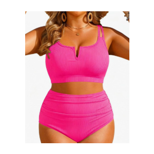 Women Plus Size High Waisted Bikini - Ribbed Two Piece Swimsuit Tummy Control Bathing Suit V-Wired 2025 Swimwear 18 plus, Size S