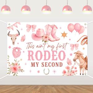 Pink Floral Cowboy 2nd Birthday Backdrop,This Ain't My First Rodeo My Second Rodeo Theme Party Decoration Photo Booth Background for Girls Second Birthdays Party Supplies 100x150cm
