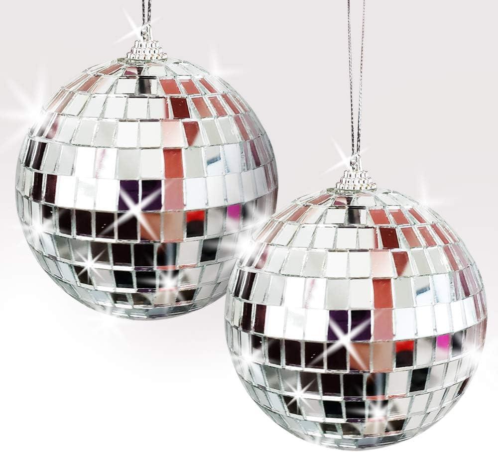 ArtCreativity 4 Inch Mirror Disco Ball, Set of 2, Silver Disco Balls with Hanging String for Parties, Birthdays, & Weddings, 90s Disco Party Decorations & Supplies, Ceiling Dcor Disco Accessories