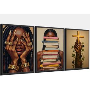 Pormipone 3 Pcs Black Women Canvas Wall Art African American Painting Poster Wall Decor Cross Books Pictures for Living Room and Girl's Bedroom Room Decoration 12 * 18 in(Poster No Frame)