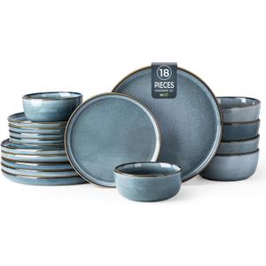 GBHOME Ceramic Dinnerware Sets for 6, 18 Pieces Stoneware Plates and Bowls Sets, Scratch Resistant Dishes, Dishwasher & Microwave Safe, Space Blue