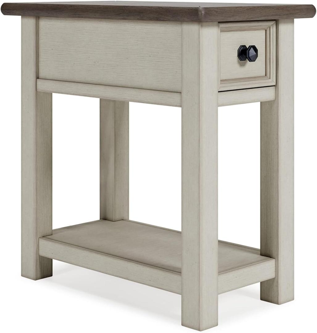 Signature Design by Ashley Bolanburg Chairside End Table With Charging Station, Two-Tone Wood Accent Table With Drawer Storage, Plank Top Design for Living Room or Bedroom, Antique White, 14" W X 24.13" D X 24.13" H