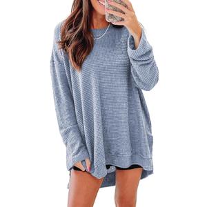 SHEWIN Long Sleeve Shirts For Women Oversized Sweatshirt Crewneck Waffle Knit Fall Tops for Women 2025 (XX-Large, 9 Sky Blue)