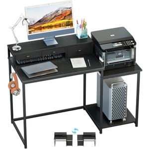 SINPAID 47 inch Computer Desk with Printer Shelf, Gaming Desk with Monitor Stand and Drawers, Reversible Home Office Desk with Storage Shelves and 2 Hooks, Home Workstation for Study Writing, Black